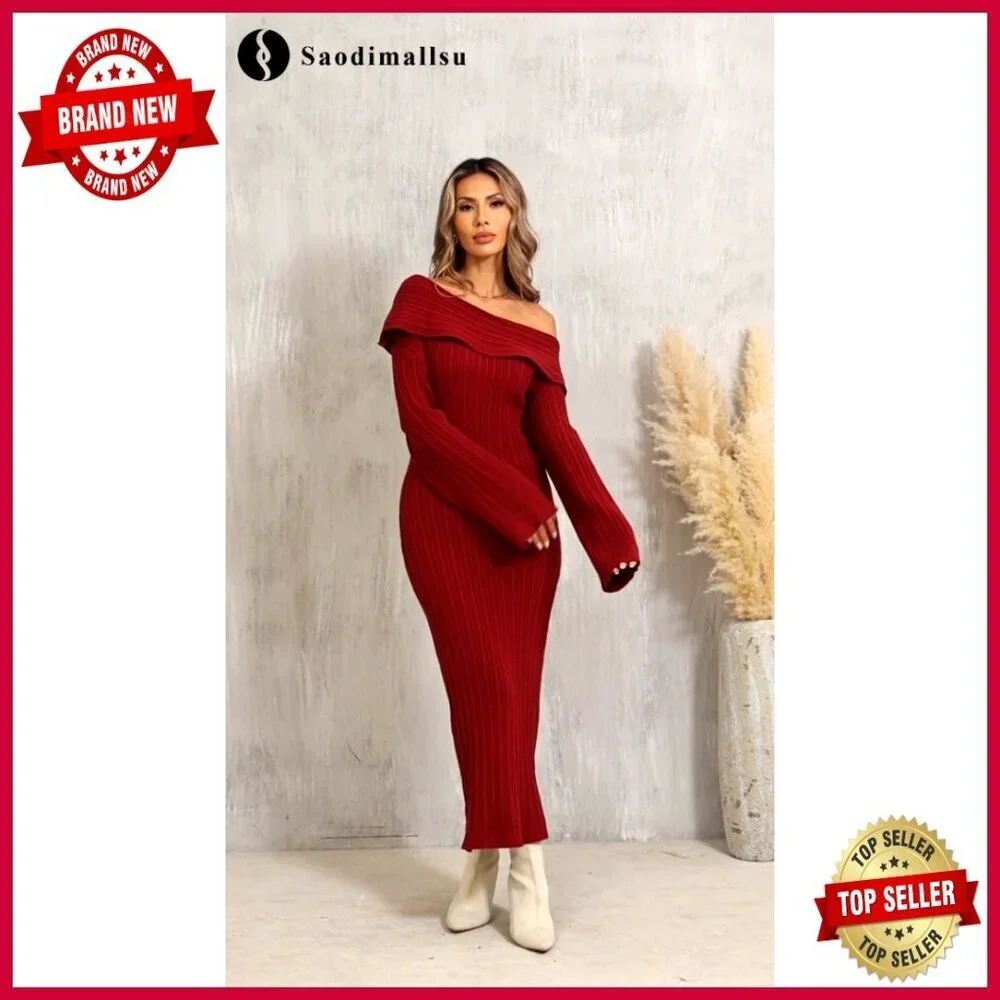 Off Shoulder Bodycon Knit Dress Long Sleeve Maxi Elegant Party Formal